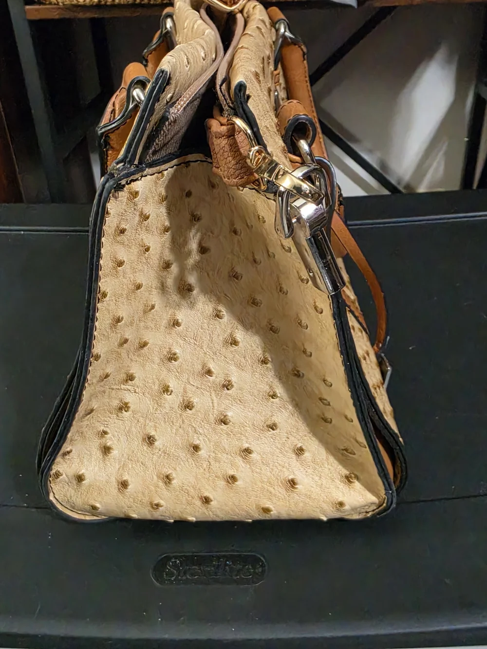 LONDON FOG Faux-Ostrich Satchel Handbag- Beige